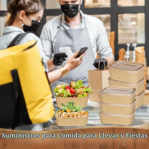 Vista 7 de Paquete de 50 recipientes de cartón compostables de 25 onzas con tapas, papel kraft desechable, almacenamiento para microondas y congelador, seguro