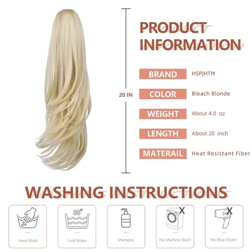 Vista 3 de Extensiones de cola de caballo, extensiones de cabello rubio con clip de garra de 18 pulgadas para mujer, pieza de cabello lacio, sintético