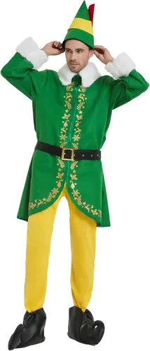 Vista 2 de Disfraz de elfo para hombre, traje de Navidad para adultos, 5 piezas, traje de lujo para parejas, cosplay, vacaciones, Halloween, fiesta de Navidad