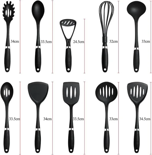 Vista 2 de Juego de herramientas de cocina de nailon resistente a altas temperaturas, kit de palas de 10 piezas de utensilios de cocina negros, suministros
