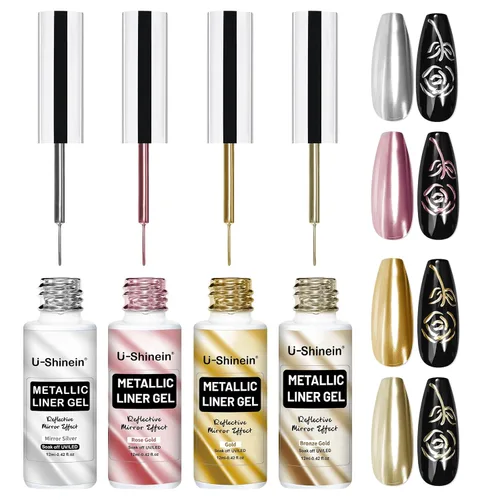 Vista 9 de Juego de esmaltes de gel de pintura de espejo metálico de 4 x 0.4 fl oz, esmalte de uñas de gel pintado con efecto cromado espejo, gel de dibujo