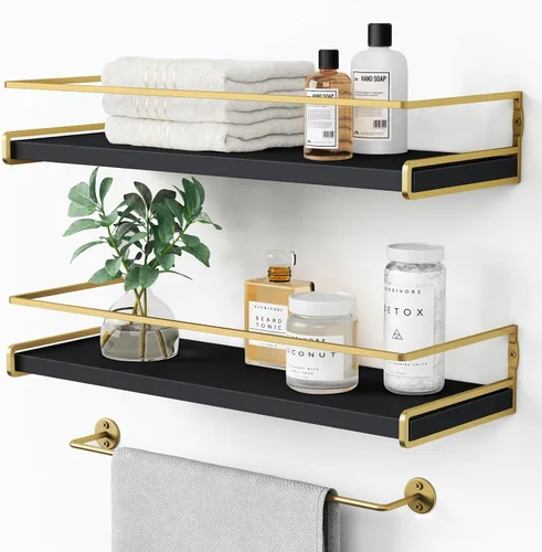 Vista 14 de Forbena - Estantes flotantes de baño montados en la pared, estantes blancos y dorados estéticos para accesorios de baño, organizador de baño moderno