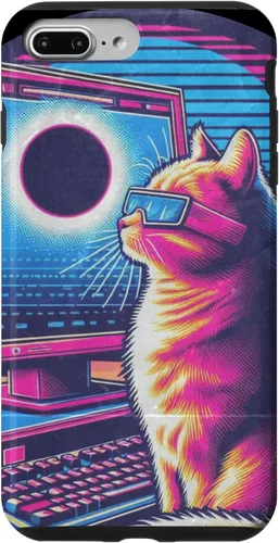 Vista 9 de iPhone 15 Cat Solar Eclipse - Synthwave Retro Poster Style Case