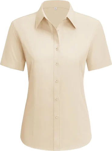 Vista 15 de siliteelon Camisas de vestir para mujer, de manga corta, de algodón, camisa con botones abajo, camisa básica con botones arriba, camisas con cuello