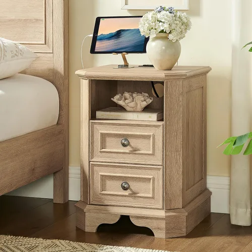 Vista 9 de T4TREAM - Mesa de noche rústica con estación de carga, mesa auxiliar de madera de 18 pulgadas con 2 cajones, para dormitorio y sala de estar