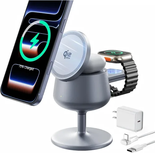 Vista 10 de GEEKERA Estación de carga 3 en 1 de carga rápida certificada Qi2.2 de 25W Gris fantasma