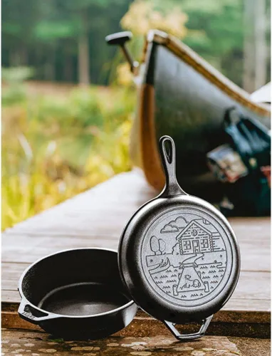 Vista 9 de Lodge Wanderlust Cabin - Cocina combinada de hierro fundido, juego de horno holandés y sartén de 2 piezas, tapa convertible para una cocina versátil