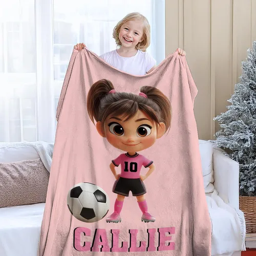 Vista 3 de callie Mantas de fútbol personalizadas para niños, manta deportiva personalizada de personajes de dibujos animados de franela suave / sherpa