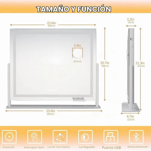 Vista 7 de Hasipu Espejo de tocador con luces y altavoz Bluetooth, espejo de maquillaje LED de 24 x 20 pulgadas, espejo iluminado con aumento de 10X, puerto
