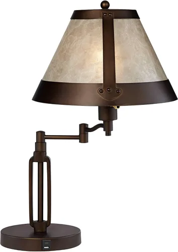 Vista 7 de Samuel 21 1/4" de bronce alto marrón lámpara de escritorio USB mica sombra brazo oscilante Puertos USB rústicos naturales A+C carga sala de estar