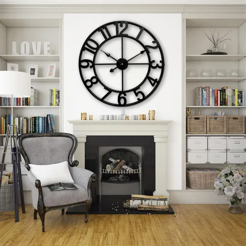 Vista 7 de CLXEAST Relojes de pared de 24 pulgadas para decoración de sala de estar, reloj de pared grande de metal negro que funciona con pilas Número arábigo