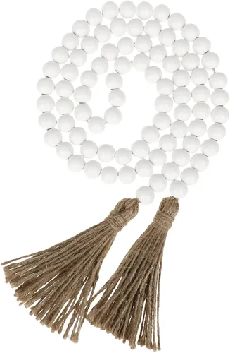 Vista 8 de IMIKEYA Guirnalda de cuentas de madera con borlas de 57 pulgadas, decoración rústica natural de granja para centros de mesa del hogar, bandejas Beige