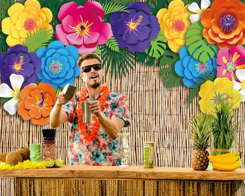 Vista 5 de VitalCozy Telón de fondo hawaiano para fotografía de playa de 7 x 5 pies, decoración de fiesta de Aloha Luau, flores de hibisco tropical, hojas
