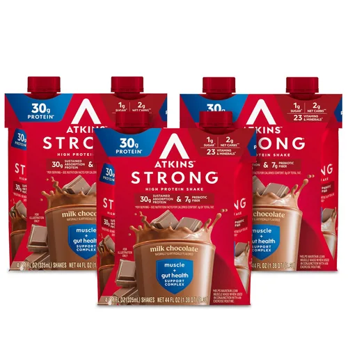 Vista 7 de Atkins - Batido Fuerte de Alta Proteína, Sabor Café Laté, 30g de Proteína, 7g de Fibra Prebiótica, Apoyo para la Salud Muscular y del Intestino