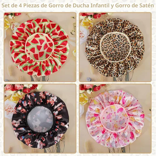 Vista 4 de 4 PIEZAS Gorros de Satén para Niños, Gorro de Dormir Infantil, Gorro de Seda Suave con Banda Elástica Ancha, Gorros Transpirables para Bebé, Gorros
