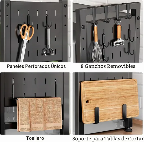 Vista 7 de Estante para horno de microondas expandible, estante de horno de microondas resistente de 3 niveles ajustable con 8 ganchos y 2 soportes, estante
