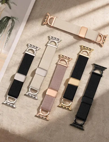 Vista 5 de Minyee Correa magnética elástica compatible con Apple Watch Band de 38/40/41/42/44/45/46/1.929 in para mujer, correa de metal en forma de C