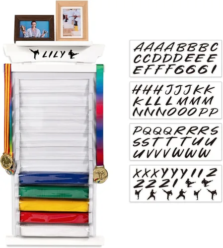 Vista 8 de Tilhumt 10/12 Belts Karate Belt Display Rack with Photo Shelf, Felt Taekwondo Belt Display Rack Martial Arts Belt Display for Adults TKD, BJJ