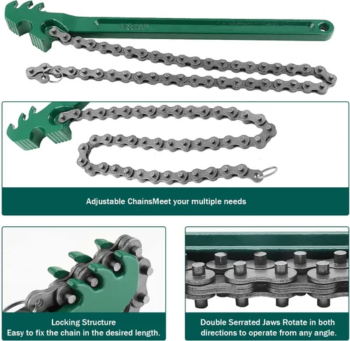 Vista 4 de BokWin Llave de cadena de trinquete de alta resistencia de 16 pulgadas, llave de filtro de aceite ajustable, accesorios de tubería, herramienta