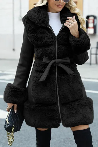 Vista 3 de Bellivera Abrigo de lana para mujer, chaqueta de piel sintética, abrigo cálido de invierno con cinturón