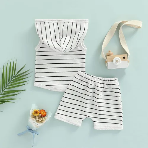 Vista 3 de BemeyourBBs Conjunto de ropa de verano para bebé niño con capucha y bolsillo y pantalones cortos de cintura elástica