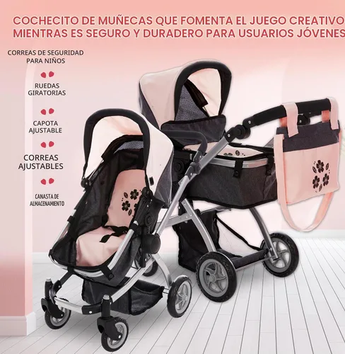 Vista 2 de Dolls To Play Cochecito Convertible de Muñeca Bebé para Niños, Mango Ajustable Carrito Buggy Plegable con Toldo y Cesta de Almacenamiento, Ruedas