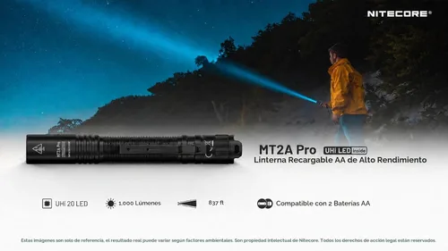 Vista 3 de Nitecore Linterna MT2A Pro EDC, 1000 lúmenes, haz de 279 yardas, recargable USB-C, compatibilidad de doble potencia, linterna delgada compacta e