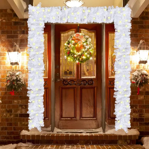 Vista 4 de CCINEE Guirnalda de Navidad artificial preiluminada de 9 pies, guirnalda de Navidad blanca a pilas con 50 luces LED cálidas, guirnalda de Navidad