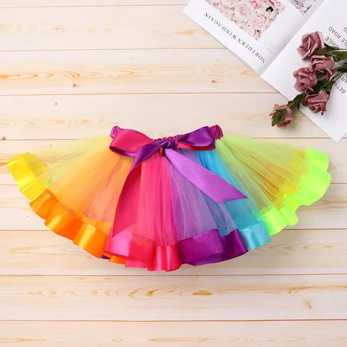 Vista 7 de IBAKOM Conjunto de ropa de 3 piezas para bebé niña de manga corta + tutú de tul de princesa arcoíris + diadema con lazo, 3 piezas