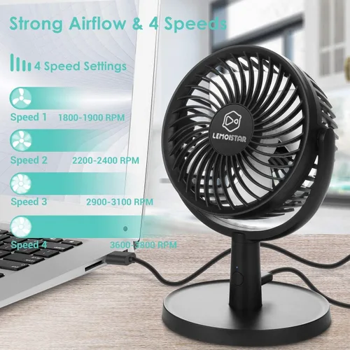 Vista 2 de Shinebella Ventilador de escritorio pequeño de 4 velocidades con fuerte flujo de aire, mini ventilador USB portátil personal, silencioso, rotación