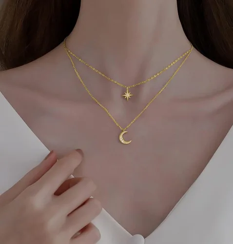 Vista 3 de SLUYNZ Collar de Gargantilla de Cadena de Plata de Ley 925 con Capas, Collar de Estrellas y Lunas para Mujeres, Gargantilla de Cadena de Capas