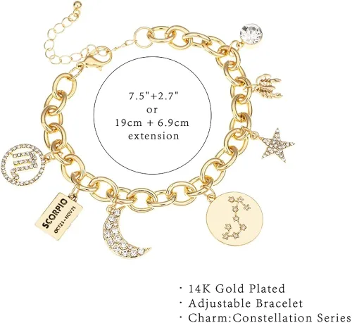 Vista 7 de Madison Tyler - Pulsera para mujer con dijes, símbolo de constelación del zodiaco, chapada en oro, placa de identificación, luna, constelación