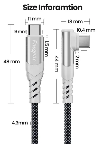 Vista 7 de Fasgear Cable USB C a USB C de 100 W en ángulo recto – Cable USB 2.0 tipo C de 3 pies 5A PD de carga rápida compatible con iPhone 17, 16, 15 Series