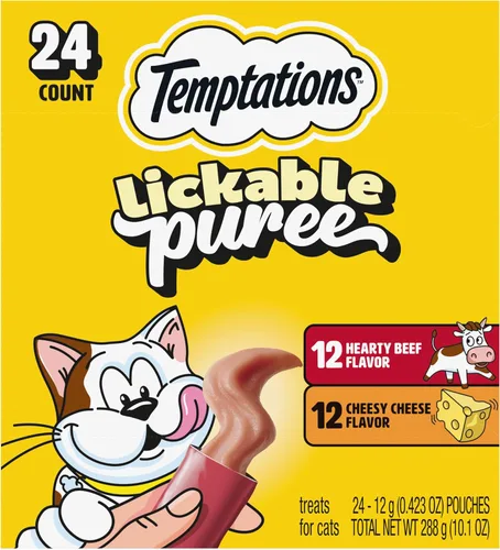 Vista 16 de Temptations Creamy Puree Golosinas Húmedas Exprimibles Lamibles para Gatos con Hígado de Res, Tubos de 0.42 oz., 4 Unidades, Paquete de 11 (44 Total)