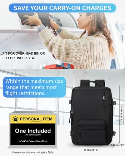 Vista 2 de VECAVE mochila para laptop de viaje, mochila para llevar en vuelos, mochila casual para deportes y universidad, A-Negro, Pequeño, Mochilas de viaje
