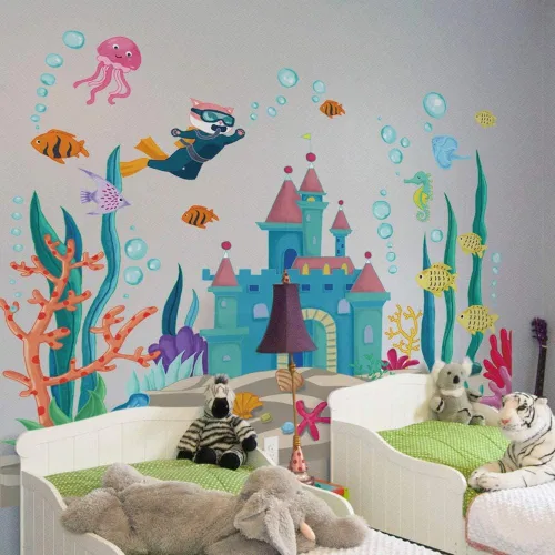 Vista 6 de Calcomanías de pared de peces marinos 3D bajo el mar, castillo, calcomanías de pared removibles de algas marinas, corales de medusas de burbujas