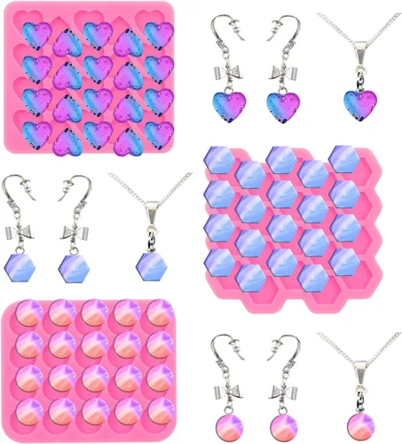 Vista 3 de Juego de 3 piezas de mini molde de silicona brillante, mini corazón/hexágono/círculo para aretes de oreja, molde de resina epoxi para manualidades