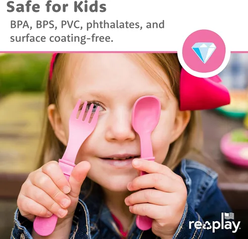 Vista 5 de Re-Play Juego de tenedores y cucharas para niños pequeños, juego de utensilios de 6 x 6 pulgadas para niños, apto para lavavajillas y microondas