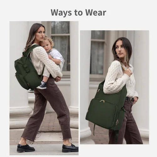Vista 3 de CEI-CEI Mochila de neopreno para pañales con bolsillos aislados, bolsas grandes de maternidad para bebés recién nacidos, bolsa de viaje con Verde
