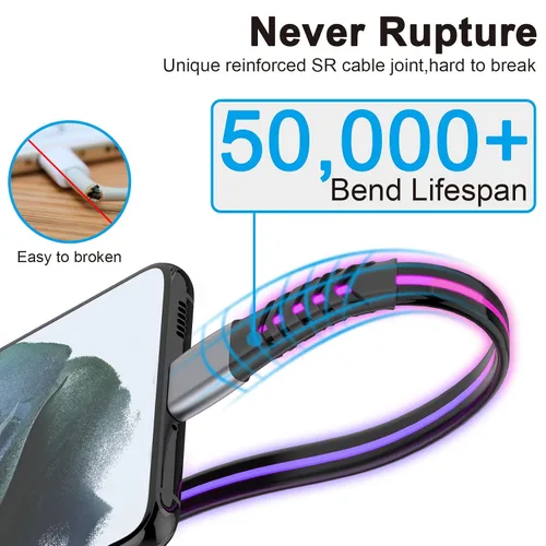Vista 3 de Cable de carga LED USB C, cable de carga rápida tipo C de 6 pies con iluminación 3A con sincronización de datos, compatible con Samsung, Moto, LG