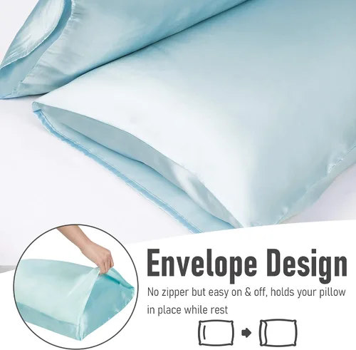 Vista 3 de Tyfitb Juego de 2 fundas de almohada de satén para cabello y piel, color azul bebé, fundas de almohada de enfriamiento tamaño estándar