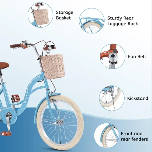 Vista 5 de 20 Inch Girls Bike Ages 8-12, 20 Inch Bike with Basket and Kickstand, Single Speed Girls Bikes Kids Bicycle with Front and Rear Brakes, Children