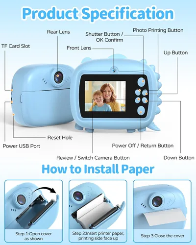 Vista 7 de Cámara de impresión instantánea para niños, cámara instantánea de video 1080P para niños con tarjeta SD de 32 GB, cámara de juguete, regalo de Azul