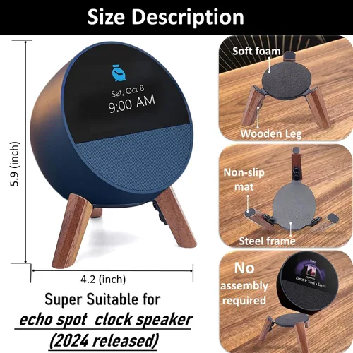 Vista 4 de Real Wood Stand for Echo Spot (2024 Released) Smart Alarm Clock, Tripod Mount Accessories Protect Alexa for Better Sound, Secure Stable Wooden