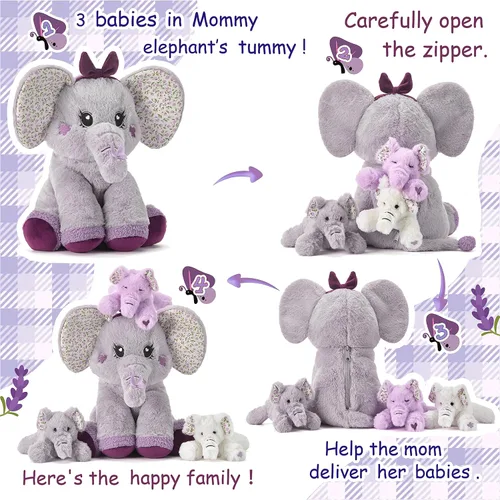 Vista 3 de Elefante mamá de peluche de animal de peluche mamá y bebé, lindo juego familiar pequeño de 13 pulgadas con mini bebés, regalos para niños