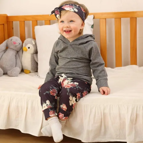 Vista 2 de Ropa de bebé niña de manga larga con capucha sudadera con pantalones florales con diadema conjuntos de ropa