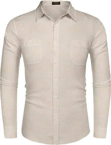 Vista 4 de COOFANDY Camisa casual de lino de manga larga con botones para hombre