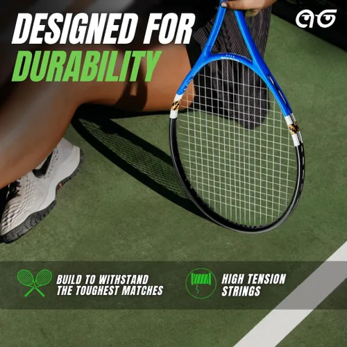 Vista 6 de Raquetas de tenis para 2 jugadores, paquete variado de dos colores con 2 pelotas de tenis, cinta de agarre, tarjetas de oferta y bolsa