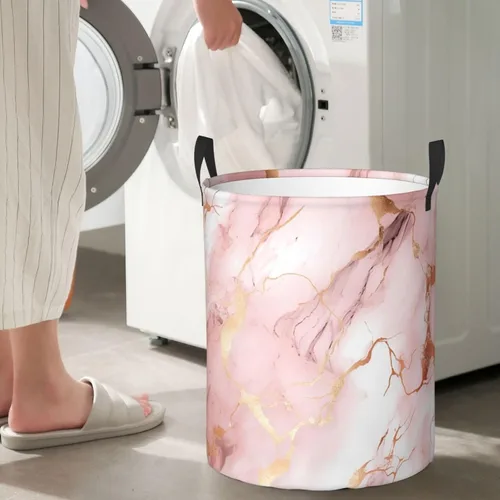 Vista 7 de Cesta de lavandería grande con estampado de mármol de oro rosa, cesta de lavandería impermeable, bolsa de lavandería con asas, papelera de lavado