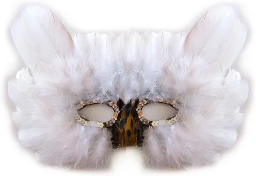 Vista 3 de SACASUSA Máscara de disfraz de búho de plumas para Halloween, Mardi Gras n gris, blanco y marrón